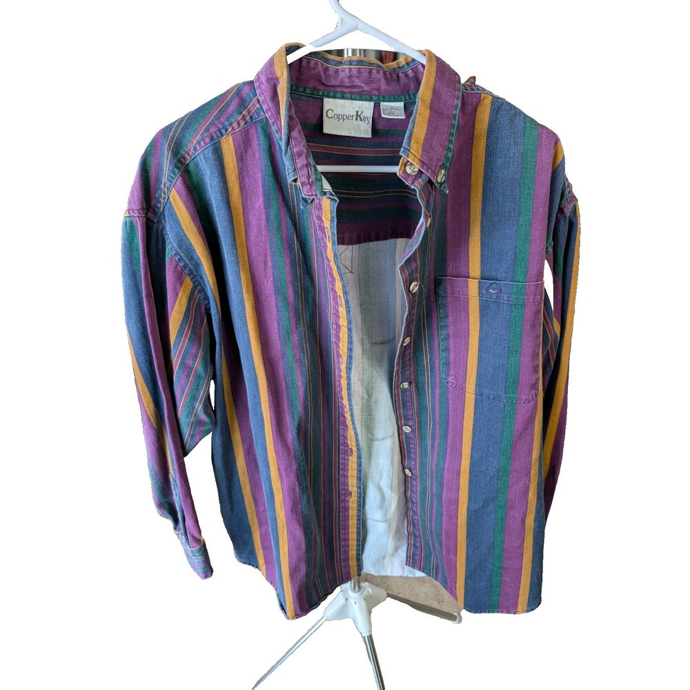 Vintage Copper Key Striped Button-Up Shirt Men's L Retro Casual